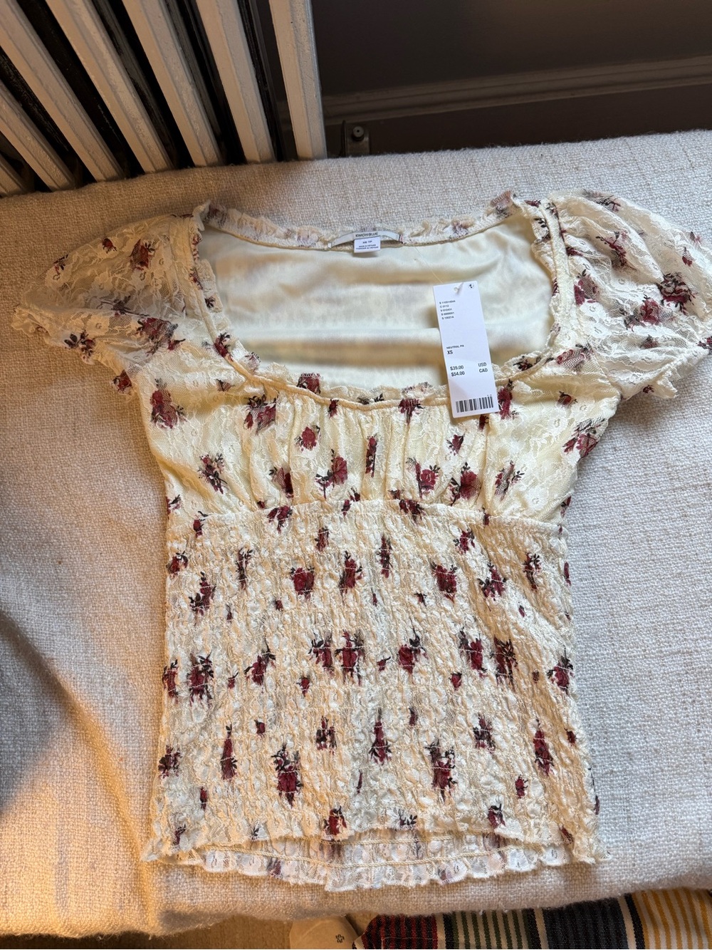 Urban Outfitters Cream Lace Floral Smocked Crop Top with Red Flowers